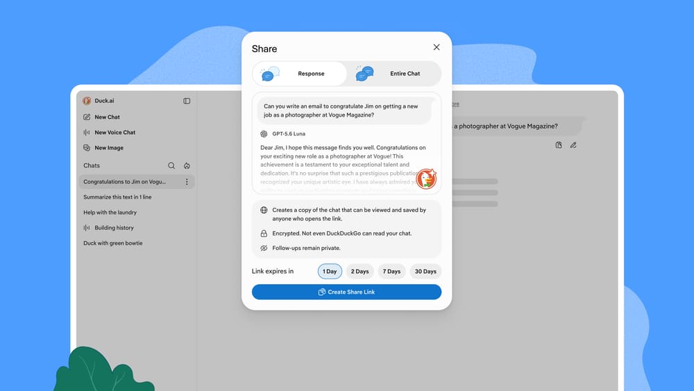 Duck.ai now lets you share chats, privately and on your terms